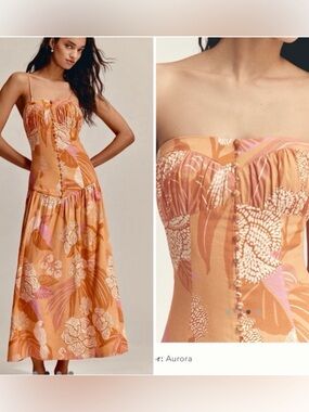 Farm Rio Anthropologie Maxi Dress Orange Tropical Button Front  Size L NWT